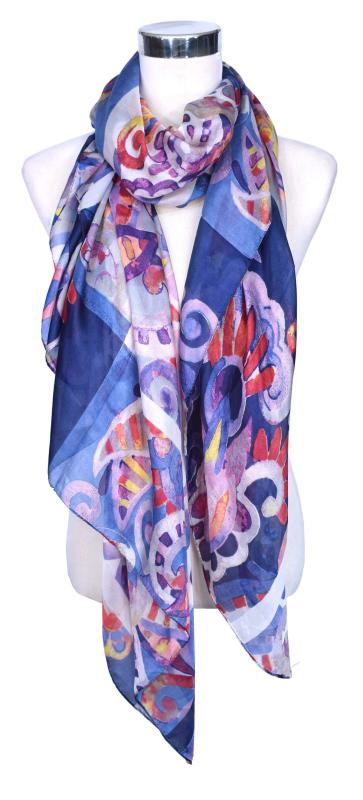 Scarf 100% Silk Paj Festive Colorful Red Blue